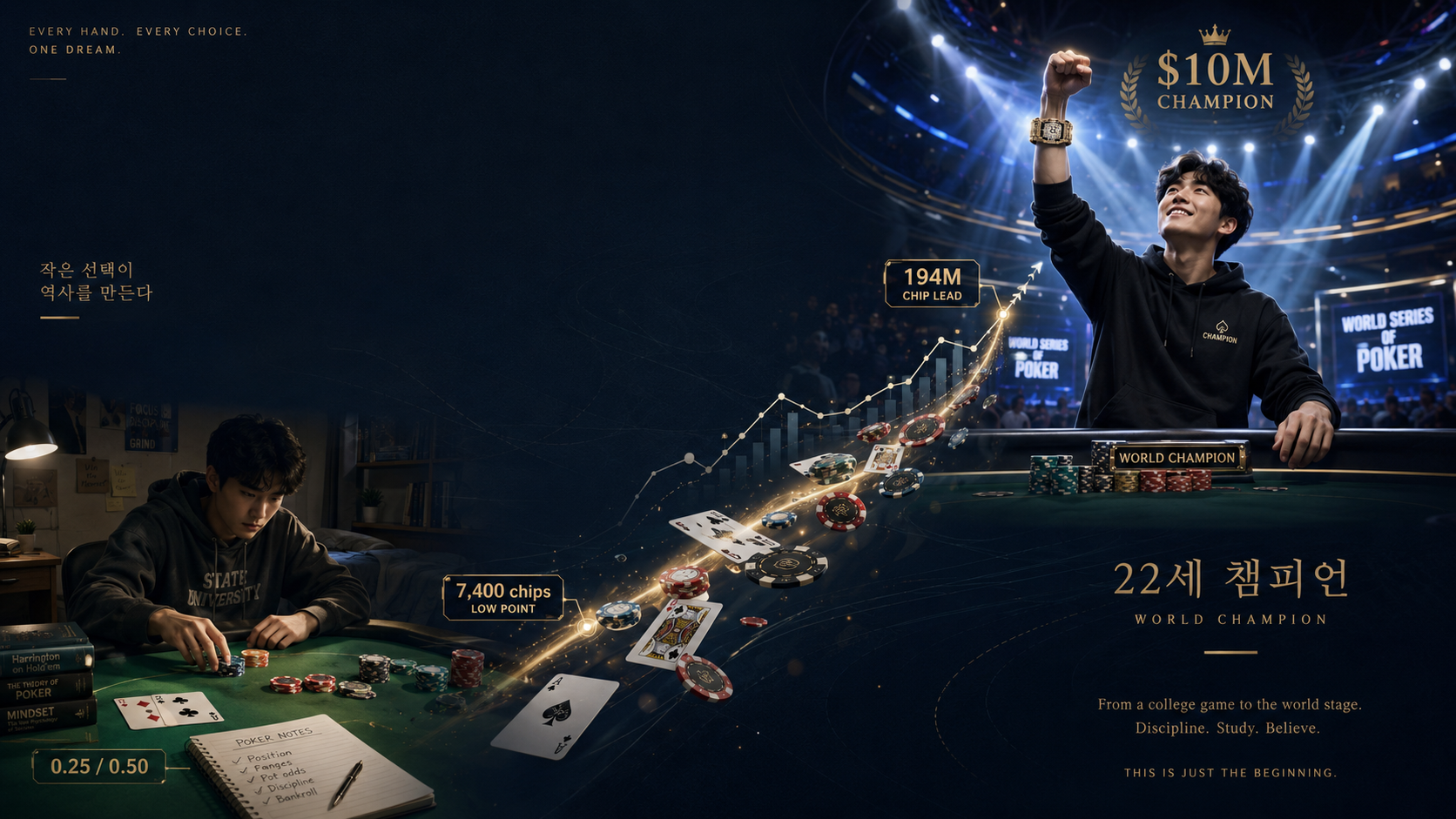 2026 WSOP 루카스 주말론 스토리 썸네일로 대학 포커 연습, 7,400칩 저점, 194M 칩 리드, 1,000만 달러 우승, 22세 월드 챔피언 탄생 과정을 보여주는 이미지
