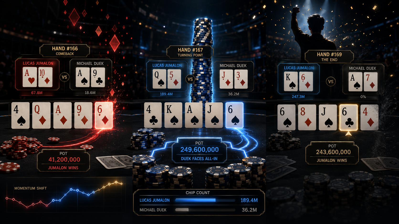 2026 WSOP 루카스 주말론 우승 결정적 핸드 썸네일로 Hand 166 컴백, Hand 167 터닝포인트, Hand 169 최종 승리, 마이클 듀엑과의 헤즈업 승부를 분석한 이미지
