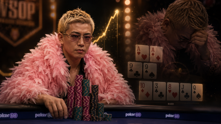 한 펑 WSOP 역전 썸네일로 칩 스택을 쌓은 한 펑, 올인 카드 승부, 상대의 패배 장면, 상승 그래프를 통해 포커 역전 흐름을 강조한 이미지