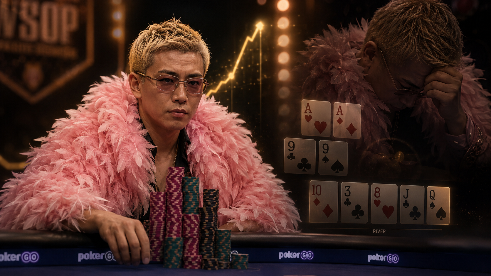 한 펑 WSOP 역전 썸네일로 칩 스택을 쌓은 한 펑, 올인 카드 승부, 상대의 패배 장면, 상승 그래프를 통해 포커 역전 흐름을 강조한 이미지