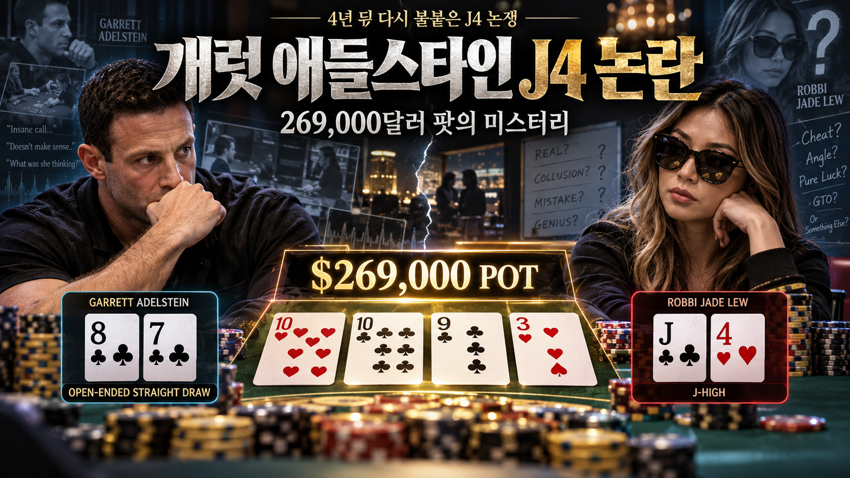 개럿 애들스타인과 로비 제이드 류의 J4 포커 논란 이미지로 26만9천달러 팟과 문제의 핸드를 재조명한 포커 뉴스 대표 배너