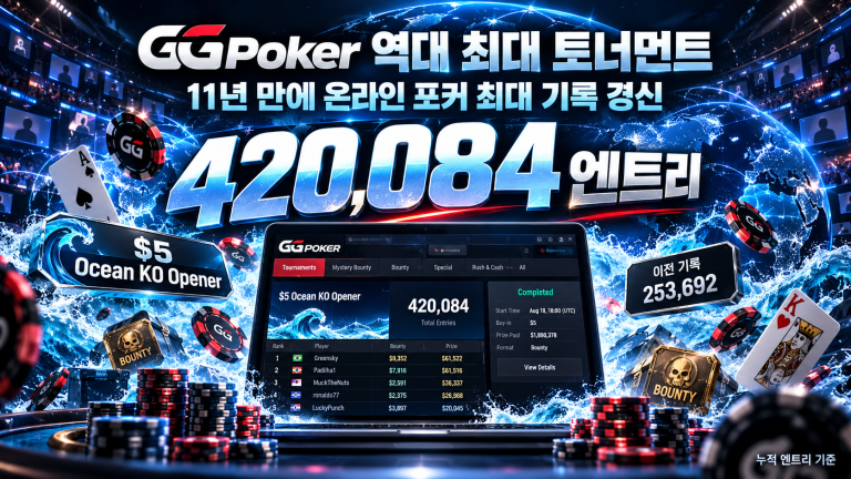 GGPoker 역대 최대 토너먼트 기록 이미지로 $5 Ocean KO Opener의 420,084 엔트리와 기존 253,692 기록 경신을 정리한 온라인 포커 대표 배너