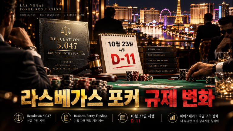 라스베이거스 포커 규제 변화 이미지로 Regulation 5.047, 기업 자금 직접 지원 제한, 10월 23일 시행 D-11과 하이스테이크 포커 자금 구조 변화를 표현한 대표 배너