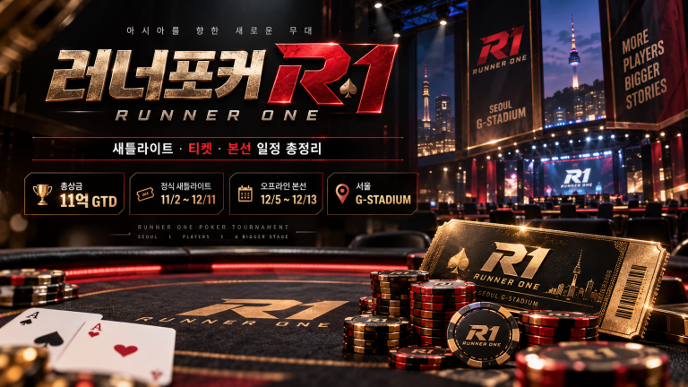 러너포커 R1 서울 본선의 새틀라이트 일정, 티켓, 총상금 11억 GTD, G-STADIUM 본선 정보를 정리한 이미지