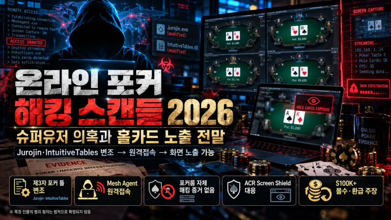 온라인 포커 해킹 스캔들 2026 이미지로 변조된 Jurojin·IntuitiveTables 등 제3자 포커 도구를 통한 원격접속, 화면 노출과 홀카드 유출 의혹을 시각화한 대표 이미지