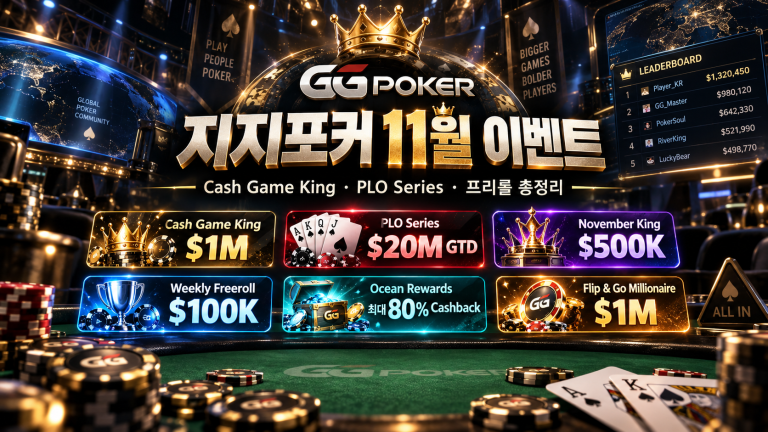 지지포커 11월 이벤트와 Cash Game King, PLO Series, Weekly Freeroll 등 주요 프로모션을 정리한 이미지