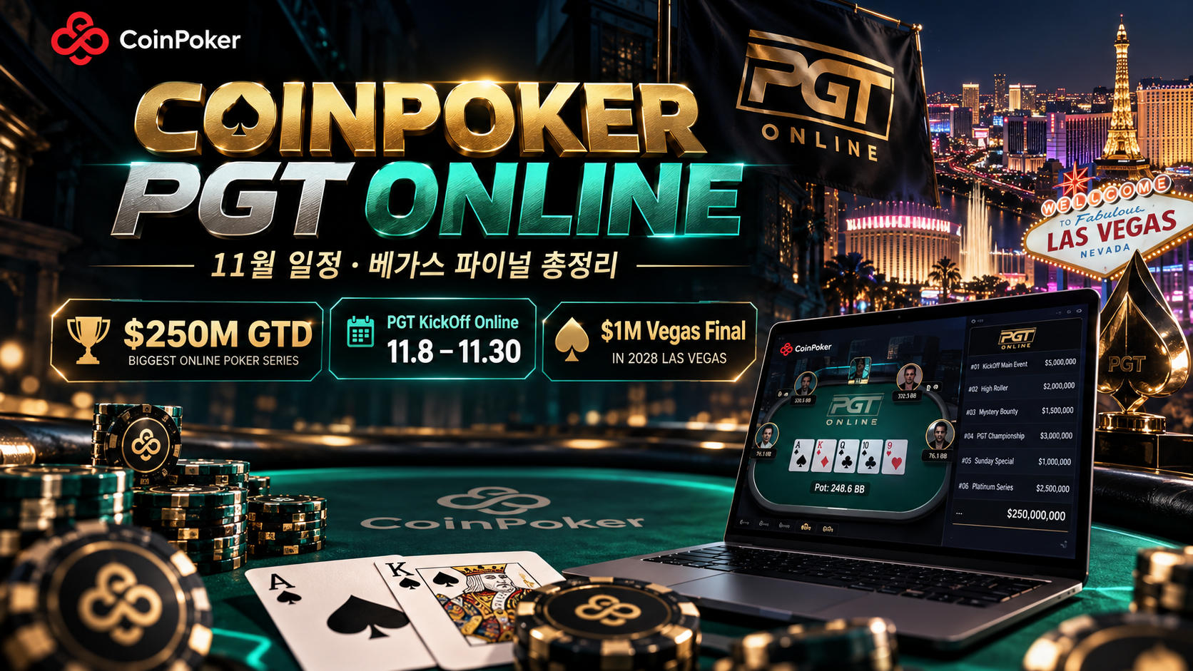 코인포커 PGT Online 11월 일정과 PGT KickOff Online, 총 보장 규모 및 베가스 파이널 정보를 정리한 이미지